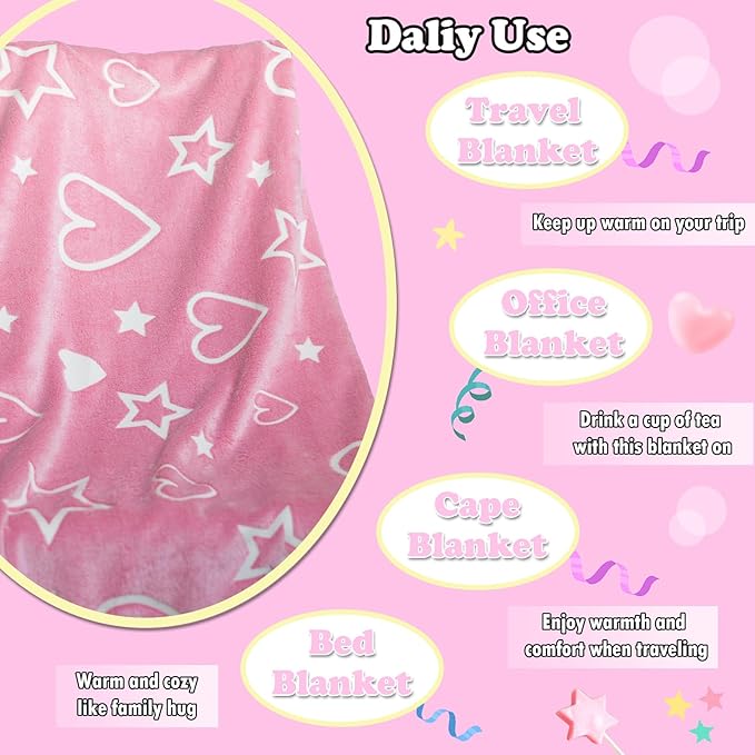 Halloween Glow in The Dark Pink Cute Love Throw Blanket with Storage Bag, Soft Throw Blanket, Girls Blanket, Gifts for Children Ages 1-10, Kids Blanket, Day Care Home Office Travel Use Christmas, Pink