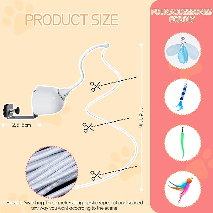 Cat Toys Interactive for Indoor, Cats Toy Hanging Door Electric for Bored, Feather Toy Kitten Rechargeable Door Hanging Automatic String with 4pcs Feather Toys, White