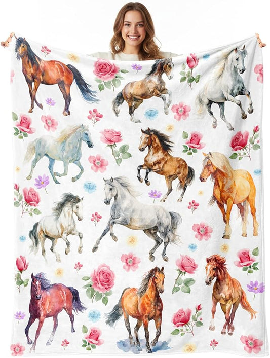 Horse Blanket for Girls Women, Soft Flannel Fleece Throw Gifts, Lightweight Cozy Horse Decor Blanket 50"x60"