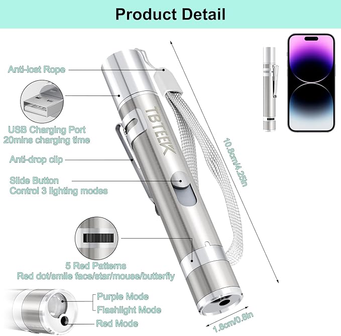 TBTeek Cat Toys, USB Rechargeable Kitten Toy, 3 Light Modes & 5 Adjustable Patterns, Portable Interactive Pet Dog Cat Mouse Toy for Fun Chase Play Exercise（3 Pack）