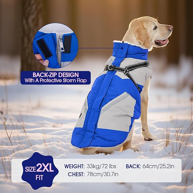 FUAMEY Dog Winter Jackets for Large Dogs,Dog Coat with Harness Built in,Waterproof Dogs Snowsuits Warm Pet Jacket Zip Up Fleece Cold Weather Coats Reflective Puppy Vest with Pocket Blue XL