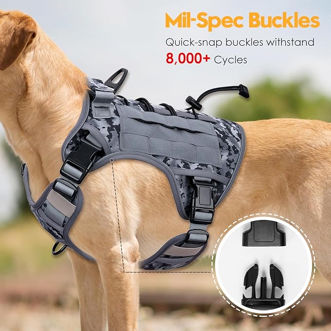 Heavy-Duty Tactical Dog Harness for Large Dogs, No Pull Adjustable Reflective Pet Vest with Molle System, K9 Military-Grade Control for Service Training, Outdoor & 10+ Breeds, Gray Camo, XX-Large