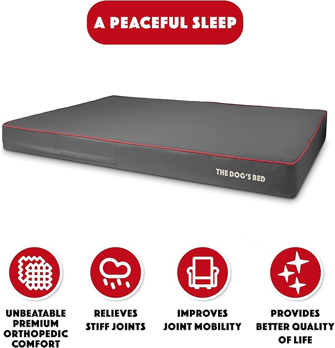The Dog’s Bed Orthopedic Memory Foam Dog Bed, XXXL Grey/Red, Pain Relief for Arthritis, Hip & Elbow Dysplasia, Post Surgery, Lameness, Supportive, Calming, Waterproof Washable Cover