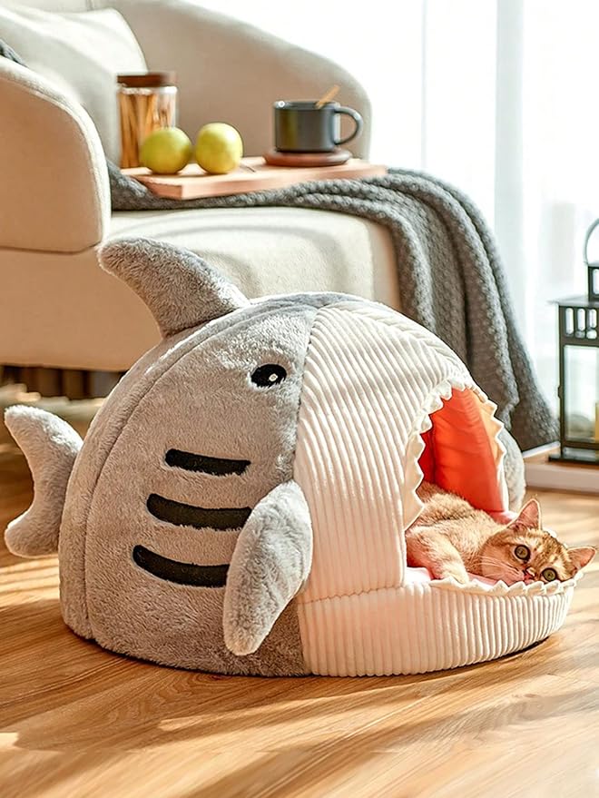 QWINEE Cat Mat Shark-Shaped Kennel Kitten Bed Hideout House Warm Soft Comfortable Semi-Closed Cat Dog Nest Grey Medium