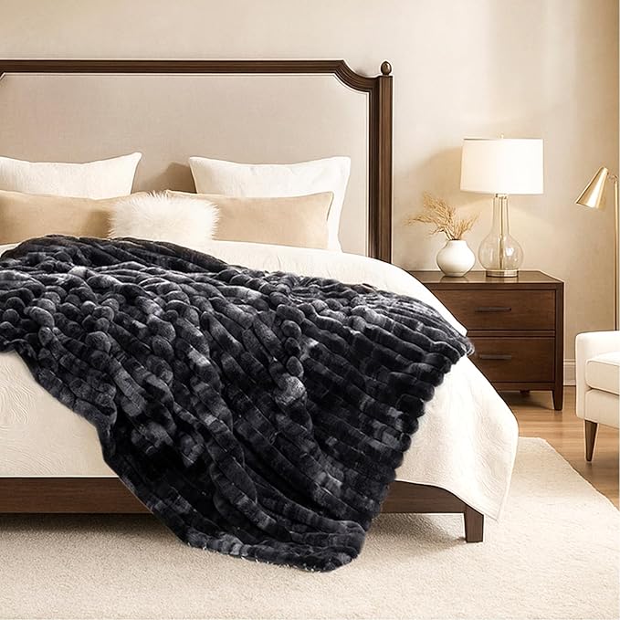 Cozy Bliss Faux Fur Throw Blanket for Couch, Cozy Warm Plush Striped Blanket for Sofa Bedroom Living Room, 50 * 60 Inches Tie-dye Black