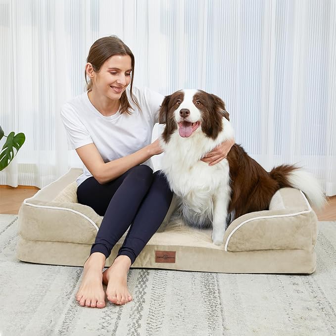 Comfort Expression Orthopedic Dog Bed for Extra Large Dogs 53x42 Inch, Waterproof Supportive Egg Crate Foam XXL Pet Bed with Removable Bolsters, Dog Couch with Washable Cover & Non-Slip Bottom, Beige