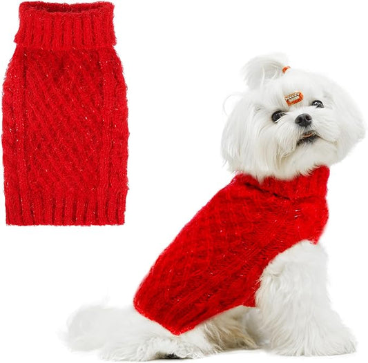 Turtleneck Small Dog Sweaters - Classic Cable Knitwear Winter Coat for Small Medium Dogs Male Female Puppy Dog Cold Weather Clothes Girls Boys, Red, S/M