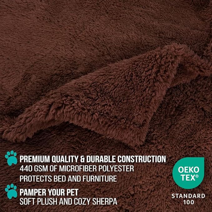 PetAmi Fluffy Waterproof Dog Blanket for Bed Large Dogs, Soft Warm Pet Sherpa Throw Pee Proof Couch Cover, Reversible Cat Blanket Sofa Crate Kennel Protector, Washable Mat Queen (Brown, 90x90)