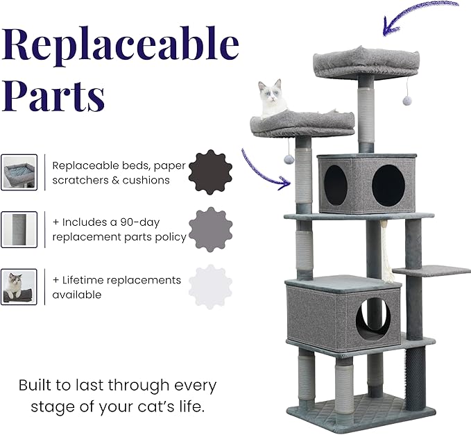 Catry Stella 7-Level 67.5” Linen & Quilted Velvet Cat Tree with Recycled Paper Scratchers, Two Condos, Removable Beds, Toys, Easy to Clean, Ideal for Large Cats and Multi-Cat Homes (Zinc Gray)
