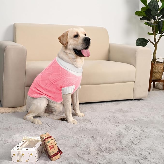 Dog Sweater for Large Dogs Argyle Cable Knit Turtleneck Pullover Winter Clothes Boys Girls Stretch Golden Retriever Labrador Bulldog Pitbull Doberman Pet (XXL, Pink)