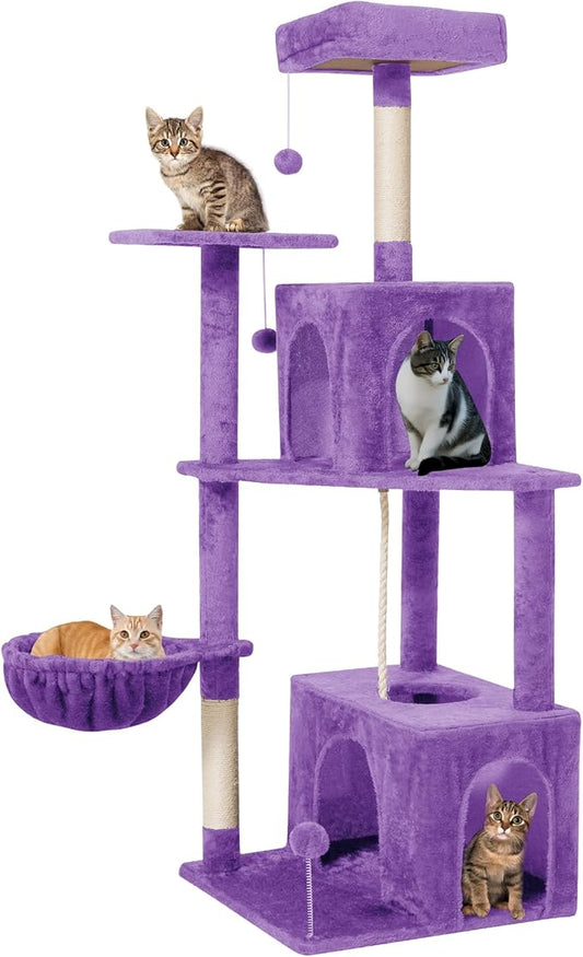Cat Tree 54-Inch Cat Tower with Padded Plush Perch 2 Comfy Caves, Scratching Posts, Basket, 2 Pompoms, Multi-Level Plush Cat Condo for Indoor Cats Kittens, Purple