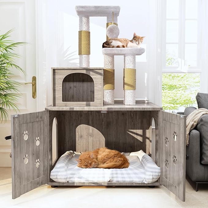 Cat Litter Box Enclosure with Cat Tree Tower 2-in-1 Hidden Pet Washroom Furniture with Scratching Post and Soft Plush Perch Platform Wooden Cat House Divided Condo for Indoor Large Cats Gray