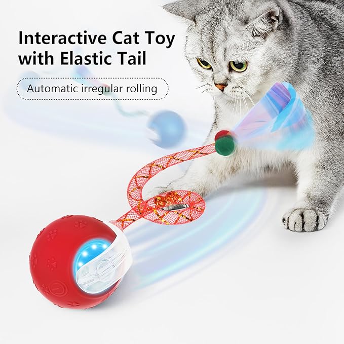 Interactive Cat Toys for Indoor Cats, Automatic Cat Ball Toy with Mesh Elastic Tail, Moving Kitten Toys for Bored Indoor Adult Cats, Chirping & Motion Activated
