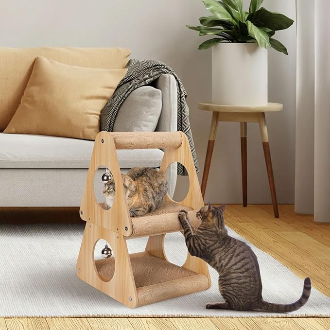 Ownpets Cat Scratcher Cat House, Double-Layer Triangular Shape Cat Scratching Board, 2 in 1 Cat Scratching Post with Ball Toys for Indoor