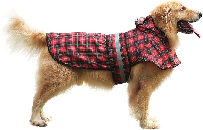 HDE Dog Raincoat Jacket Reflective Adjustable Hooded Pet Poncho Rain Coat with Leash Hole for Small to X-Large Dogs Plaid - L