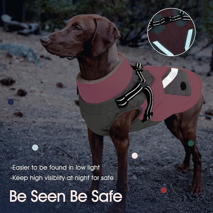 IECOii Dog Coat for Large Dogs Waterproof Dog Winter Jacket with Harness Built in, Pink - XXLarge, Thermal Warm Fleece Lined, Reflective Dogs Jackets for Cold Weather Camping, Hiking, Pitbull