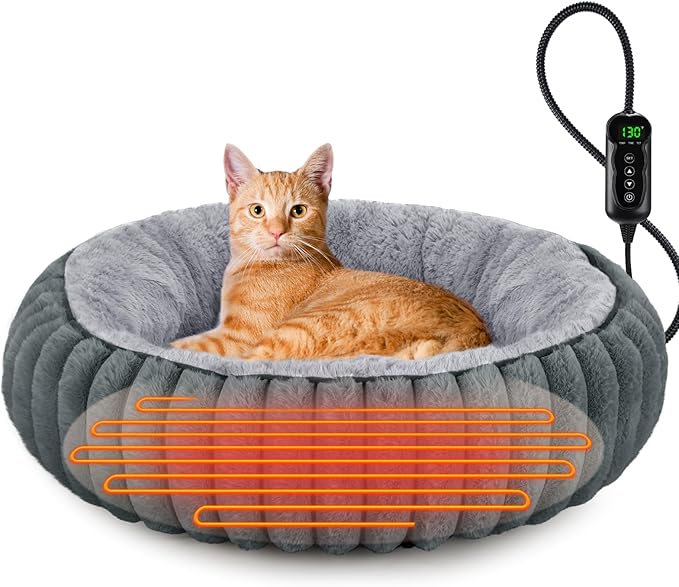 INVENHO Heated Cat Beds for Indoor Cats and Small Dogs, 20" Cozy Donut Heated Pet Bed with Timer & Temp Adjustable, Removable Waterproof Electric Warming Bed for Indoor Cat
