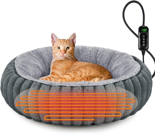 INVENHO Heated Cat Beds for Indoor Cats and Small Dogs, 20" Cozy Donut Heated Pet Bed with Timer & Temp Adjustable, Removable Waterproof Electric Warming Bed for Indoor Cat