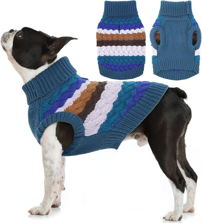 Kuoser Dog Sweater, Large Sweaters for Dog Girls Boys Christmas Thanksgiving Outfit, Thick Fall Winter Cable Knitwear, Pet Sweatshirt Warm Clothes Turtleneck Pullover, Blue L