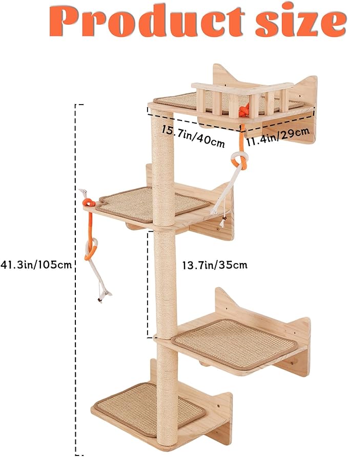 KVIDA Wall-Mounted Cat Tree – 7PCS Solid Wood Set with 3 Sisal Posts, Wide Perches & Lookout Tower, Space-Saving Climbing Furniture for Large Indoor Cats