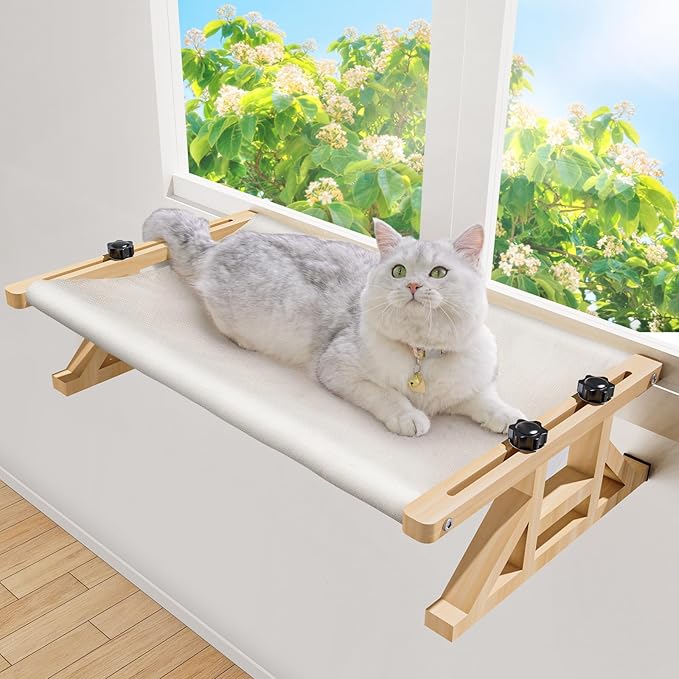 Tresbro 2-in-1 Cat Window Perch & Elevated Cat Hammock, 18.9''L × 15.7''W × 10.2" H Wooden Frame Pet Bed for Indoor Cats, Easy Setup, Adjustable, No Drilling, Cats Perch for Window, Bedside, Ground