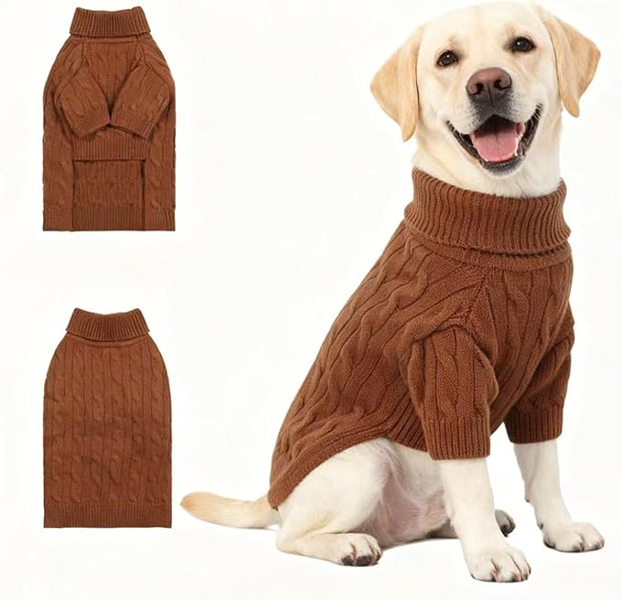 Medium/Large Dog Sweater, Warm Dog Winter Coat w/Sleeves, Comfortable High Neck Premium Dog Clothes for Labrador-Best for Holidays, Daily Walks XL Brown