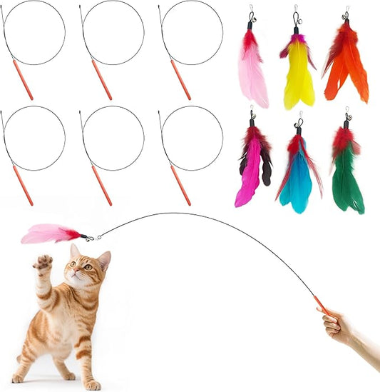 Cat Feather Wands with Replacement Feathers, Interactive Wand Toys, Feathers & Bell, Teaser Wand for Kittens and Adult Cats, Indoor Play to Exercise