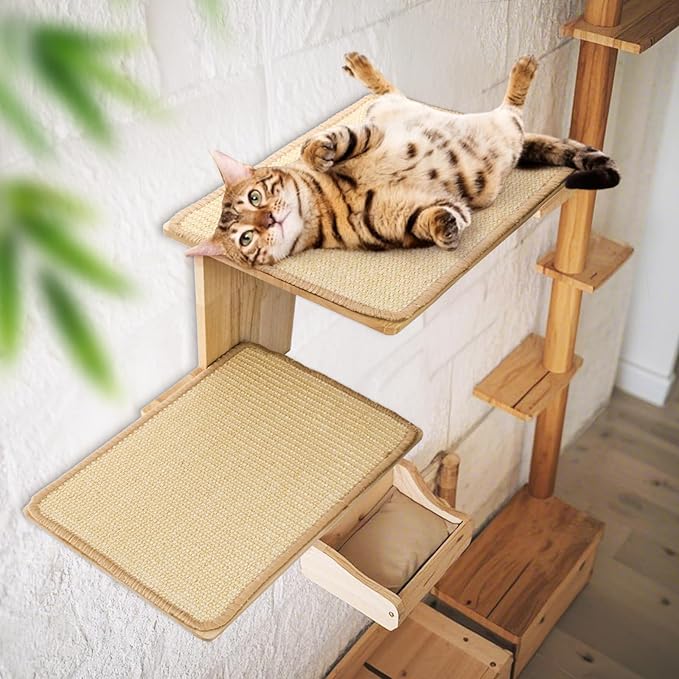 Cat Wall Shelves, Wall Mount Adult Cat Tree with 2 Steps 2 Sisal Scratch Mats, Solid Wood Kitten Perches Pet Climber for Indoor Play, Climb, Jump, Nap, Rest