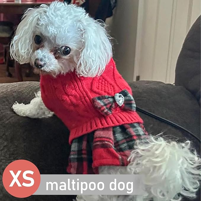 KYEESE Dog Sweater Stretchy Pullover Cat Sweaters Warm Turtleneck Dogs Clothes Thick Pet Coats with Bowtie Soft Dog Sweaters for Small Dogs Girl Comfy Knitwear Puppy Sweater Dress, Red, X-Small