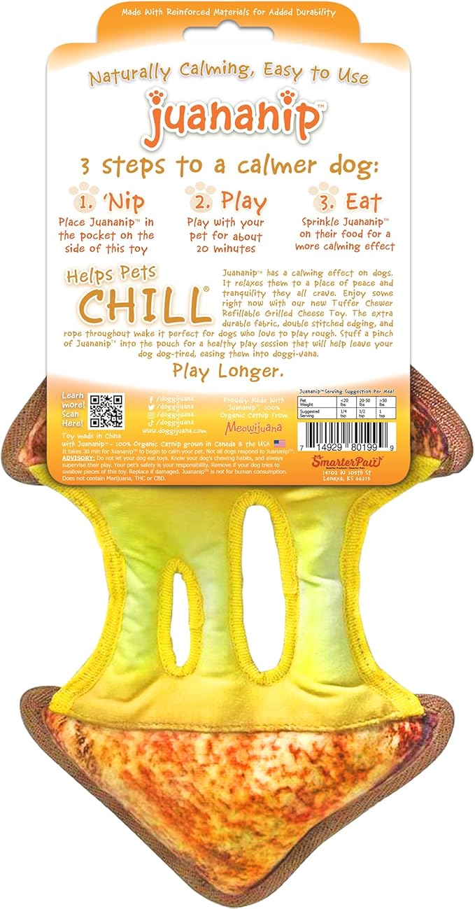 Doggijuana Tuffer Chewer Plush Dog Toy | Funny Dog Toy Plush with Juananip Catnip for Dogs | Calming Aid for Dogs | Interactive Squeaky Chew Toy for Play (Grilled Cheese)