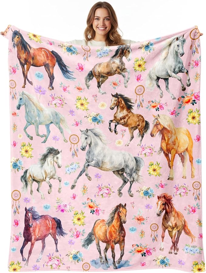 Horse Blanket for Girls Women, Soft Flannel Fleece Throw Gifts, Lightweight Cozy Pink Horse Decor Blanket 50"x60"