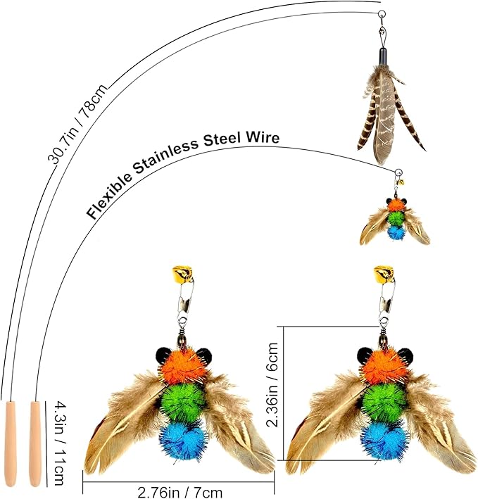 Kingtree Cat Teaser Toys, 8 Pack Feather Wand Cat Toys with 6Pcs Replacement Feathers Insects & 2Pcs Flexible Steel Wire Teaser Wands, Interactive Pet Feather Toys with Bells for Play Chase Exercise