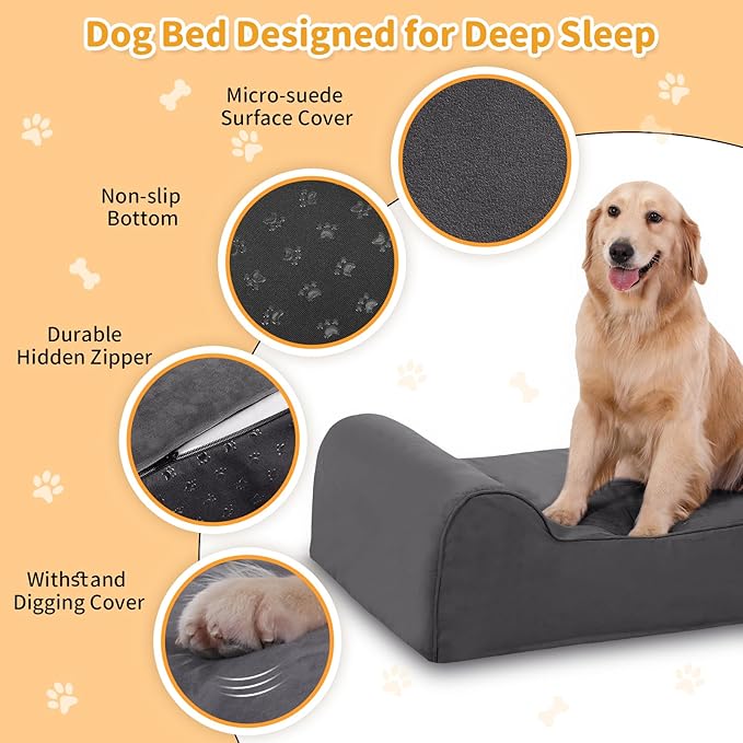 Orthopedic Dog Beds for Large Dogs, 7" Memory Foam Dog Beds with Waterproof Liner, Chew Proof Microsuede Cover, Removable and Washable, Nonskid Bottom, 52"x36"x7" XL Grey