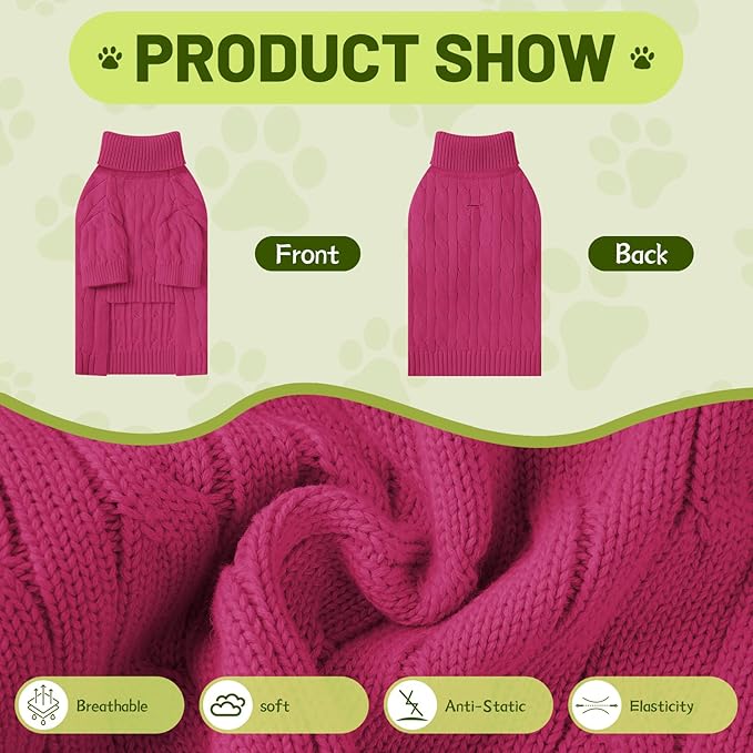 Small Dog Thermal Pullover Sweater, Classic Turtleneck Cable Knitwear Dog Clothes for Cold Weather Warm Pet Clothes for Chihuahua, Bulldog, Dachshund, Pug Hot Pink Small