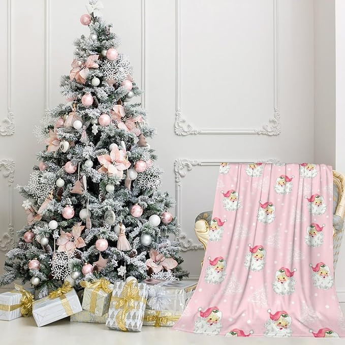 Christmas Santa Claus Throw Blankets, Xmas Tree Soft Anti Pilling Flannel Blanket, Winter Snowflake Decorative Lightweight Pink Blanket, 40x50 Inches Sofa Fleece Blanket for Girl Children