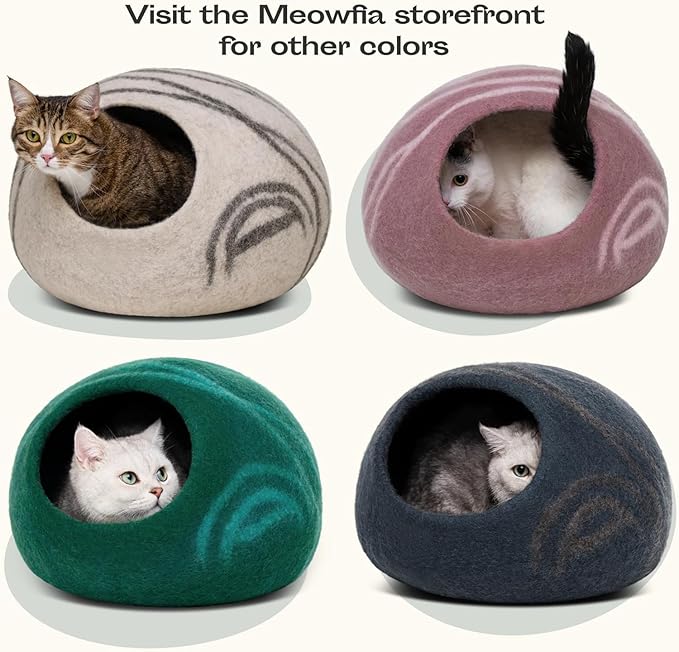 MEOWFIA Cat Cave – Premium Felt Cat Bed for Indoor Cats, Handmade 100% Merino Wool (Beige, Large)