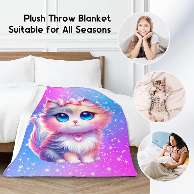Girls Blanket Gifts - Blanket with Cat for Cat Lovers - Comfy Cozy Flannel Throws for Couch, Living Room 50"x60"