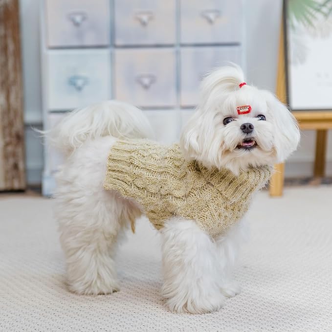 Turtleneck Small Dog Sweaters - Classic Cable Knitwear Winter Coat for Small Medium Dogs Male Female Puppy Dog Cold Weather Clothes Girls Boys, Cream, S/M