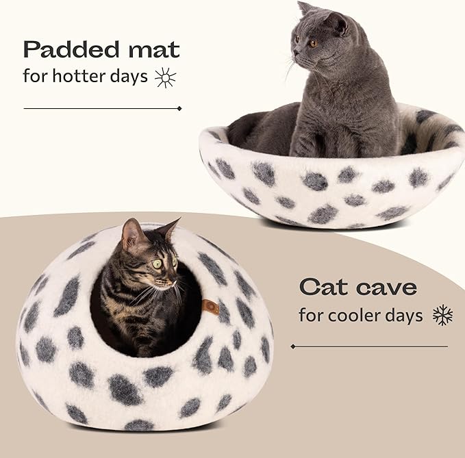 MEOWFIA Cat Cave – Premium Felt Cat Bed for Indoor Cats, Handmade 100% Merino Wool (Large, Snow Leopard)