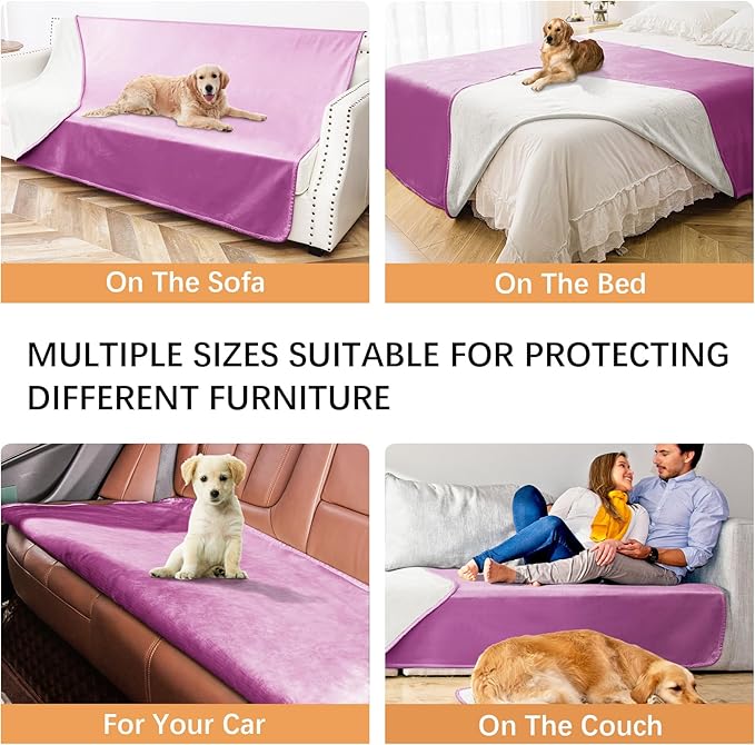 Waterproof Dog Blankets, Washable Pee Proof Pet Blanket for Couch, Soft Reversible Puppy Throw Furniture Protector Cover for Bed Sofa-52"x82",Purple+Cream