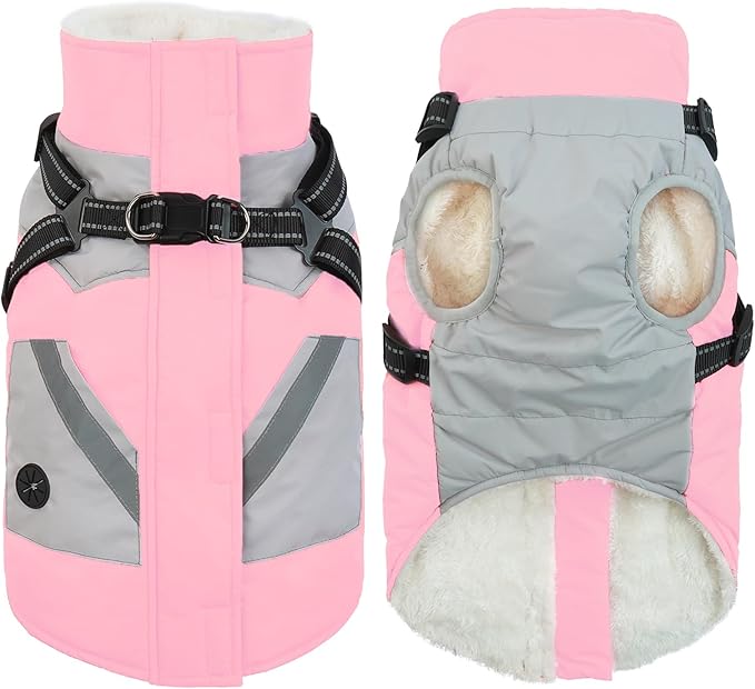 IECOii Dog Winter Jacket for Small Dogs, Waterproof Dog Coat with Harness Built in, Windproof Reflective Zip Up Fleece Jacket for Dogs, Puppy Thermal Warm Snowsuit for Cold Weather, Pink, S