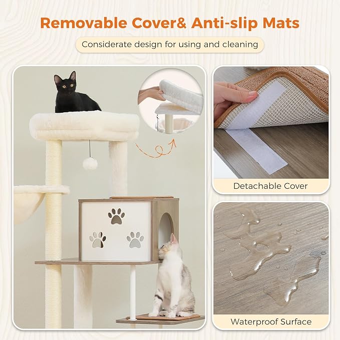 PAWZ Road Large Cat Tree with Food Station, 74.8 Inches Wooden Tall Cat Tower with Extra Large Condos and Hammocks,Spacious Perch,Sisal and Steel Posts, Scratching Mat for Indoor Adult Cats-Gray