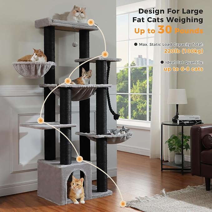 Maine Coon Cat Tree-67 Large Cat Tower for Indoor Cats Large Adult with 7 Thick Black Scratching Posts (φ4.3), Multi-Level Condo, Big Perch & Hammocks -Black