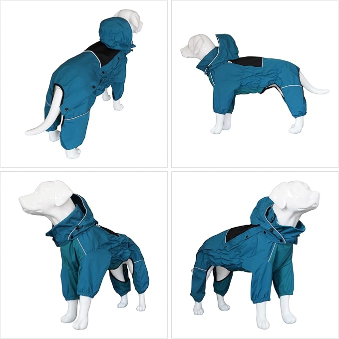 LOVELONGLONG Waterproof Dog Raincoat with Removable Hood – Outdoor Full Body Dog Jacket, Windproof Snowproof Shell Suit – All Season Pet Rain Gear Ocean Teal XXS