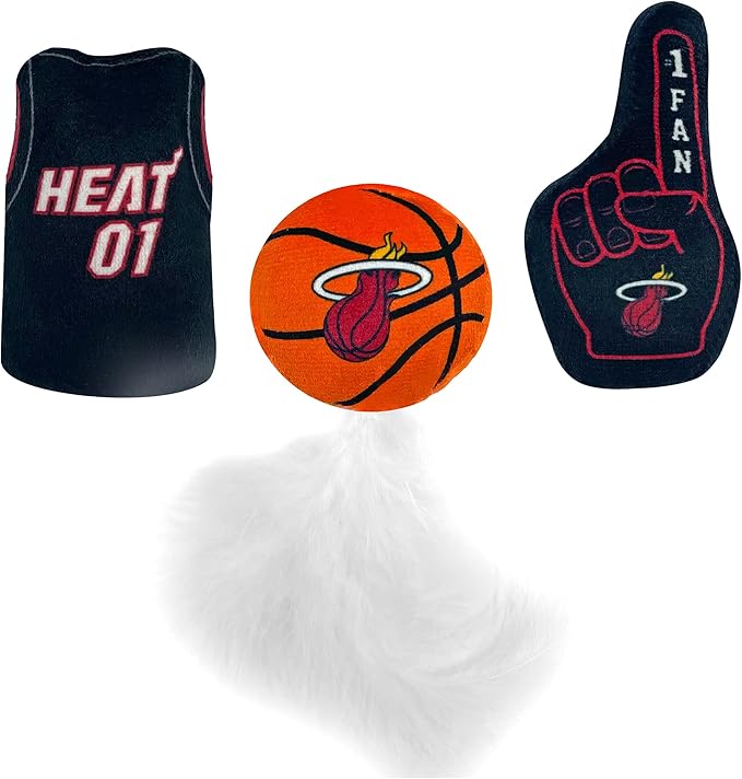 Best Plush CAT Toy - NBA Miami Heat Complete Set of 3 Piece Cat Toys Filled with Fresh Catnip. Includes: 1 Jersey Cat Toy, 1 Basketball Cat Toy with Feathers & 1#1 Fan Cat Toy. Beautiful Team Logos