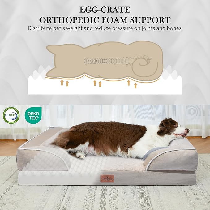 Comfort Expression Orthopedic Dog Bed for Large Dogs 38x25 Inch, Waterproof Supportive Egg Crate Foam Large Pet Bed with Removable Bolsters, Dog Couch with Washable Cover & Non-Slip Bottom, Beige