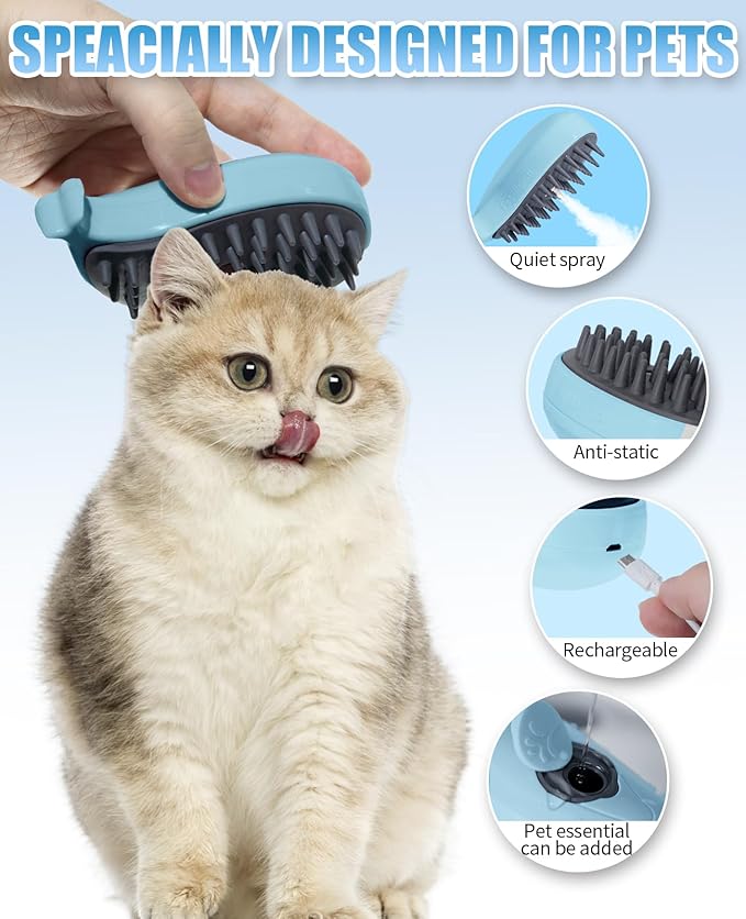 Cat Steam Brush for Shedding - 3 in 1 Steamy Cat Brushes for Grooming and Massage - Whales Shaped Cats Brush with Steam for Dogs, Removing Tangled and Loose Hair (Blue)