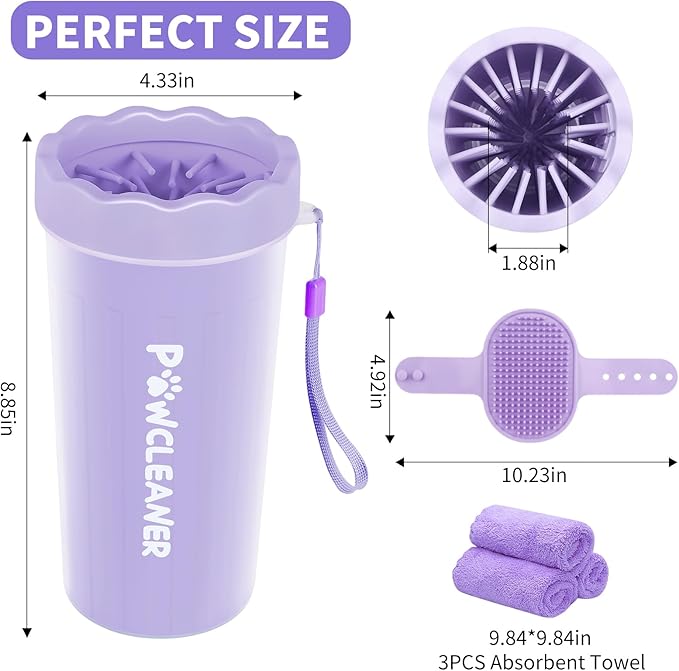 Dog Paw Cleaner, Washer, Muddy Pet Foot Cleaner for Small Medium Large Breed Dogs/Cats (with 3 absorbent towel) (Purple, Large)