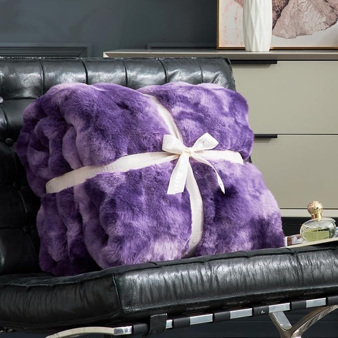 Cozy Bliss Faux Fur Throw Blanket for Couch, Bubble Plush Blanket King Size, Fuzzy Soft & Thick Blanket for Bed Sofa Living Room, 108x90 Inches Tie-dye Purple