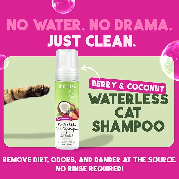 TropiClean Berry & Coconut Waterless Cat Shampoo | Deep Cleansing Dry Shampoo for Cats | Natural Cat Shampoo Derived from Natural Ingredients | Made in the USA | 7.4 oz.
